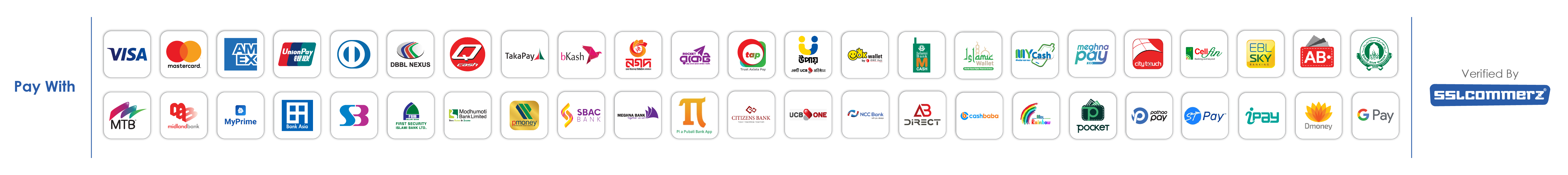 Pay with Visa, Mastercard, American Express, bKash, Nagad, Rocket, mobile wallets and bank cards — verified by SSLCommerz